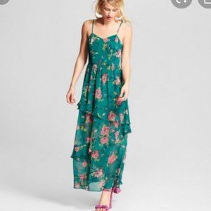 Xhilaration green floral tiered ruffle maxi dress